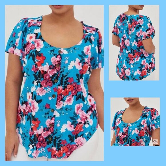 Torrid Women's Floral Rayon Slub Button-Front Flutter Sleeve Top 2 Plus Size - Picture 3 of 15